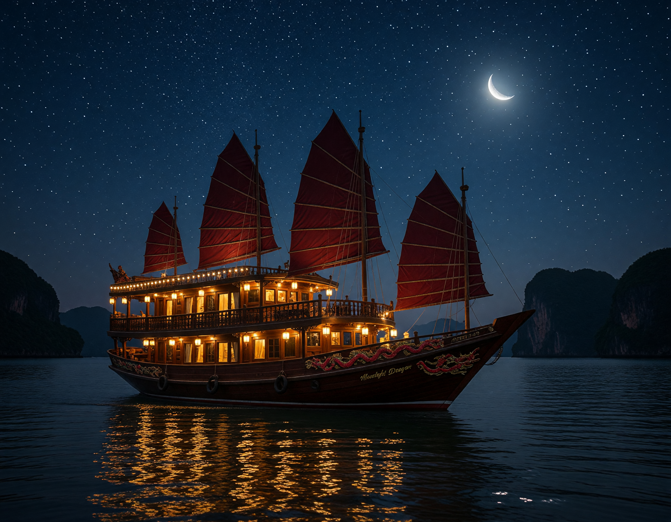 Traditional junk boat cruising through Ha Long Bay limestone islands